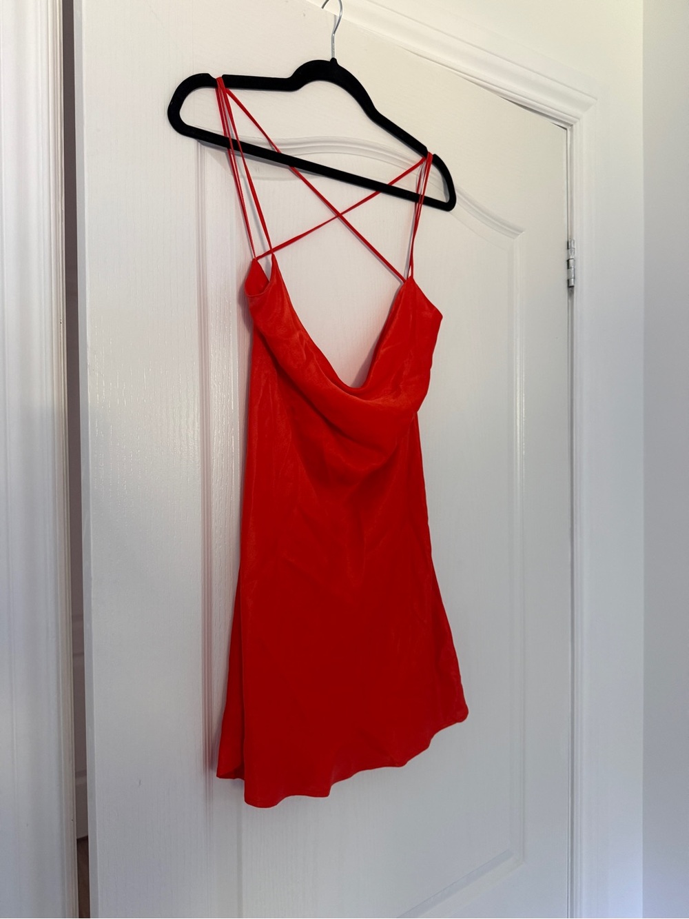 Zara Red Orange Satin Cowl Slip Dress with Crisscross Straps - Picture 2 of 4